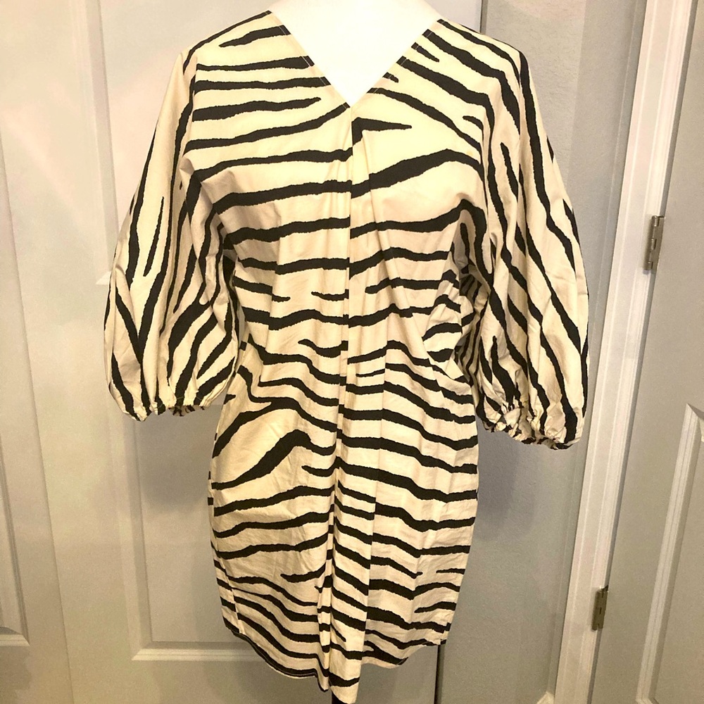 100%  percent cotton zebra striped dress. Full arms.  Add a black belt!!